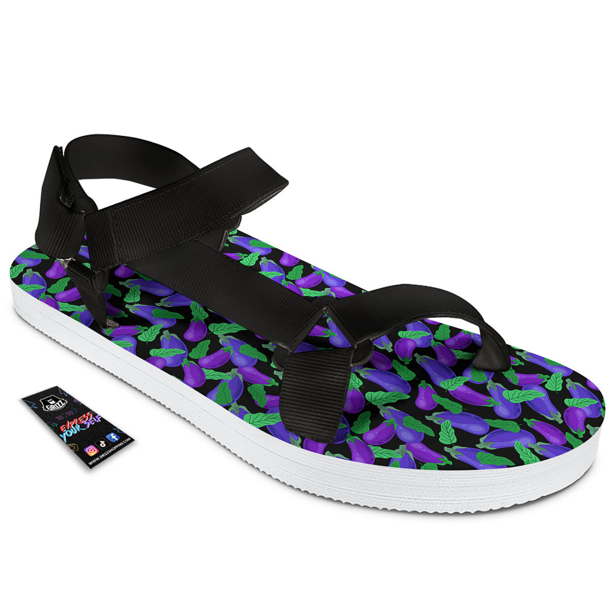 Purple Eggplant Print Pattern Black Open Toe Sandals-grizzshop