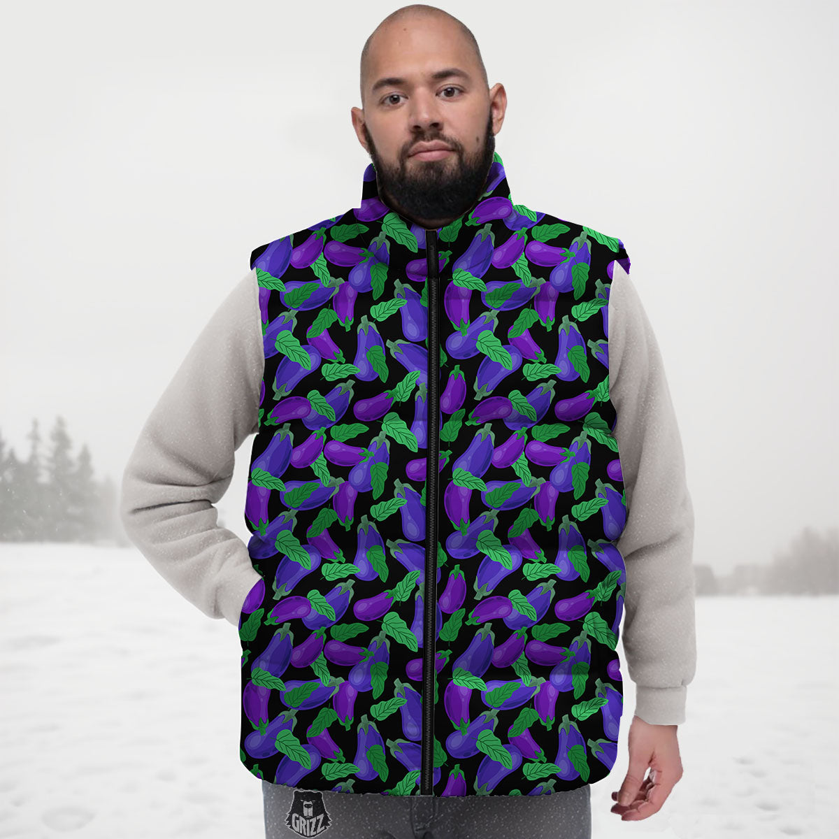 Purple Eggplant Print Pattern Down Vest