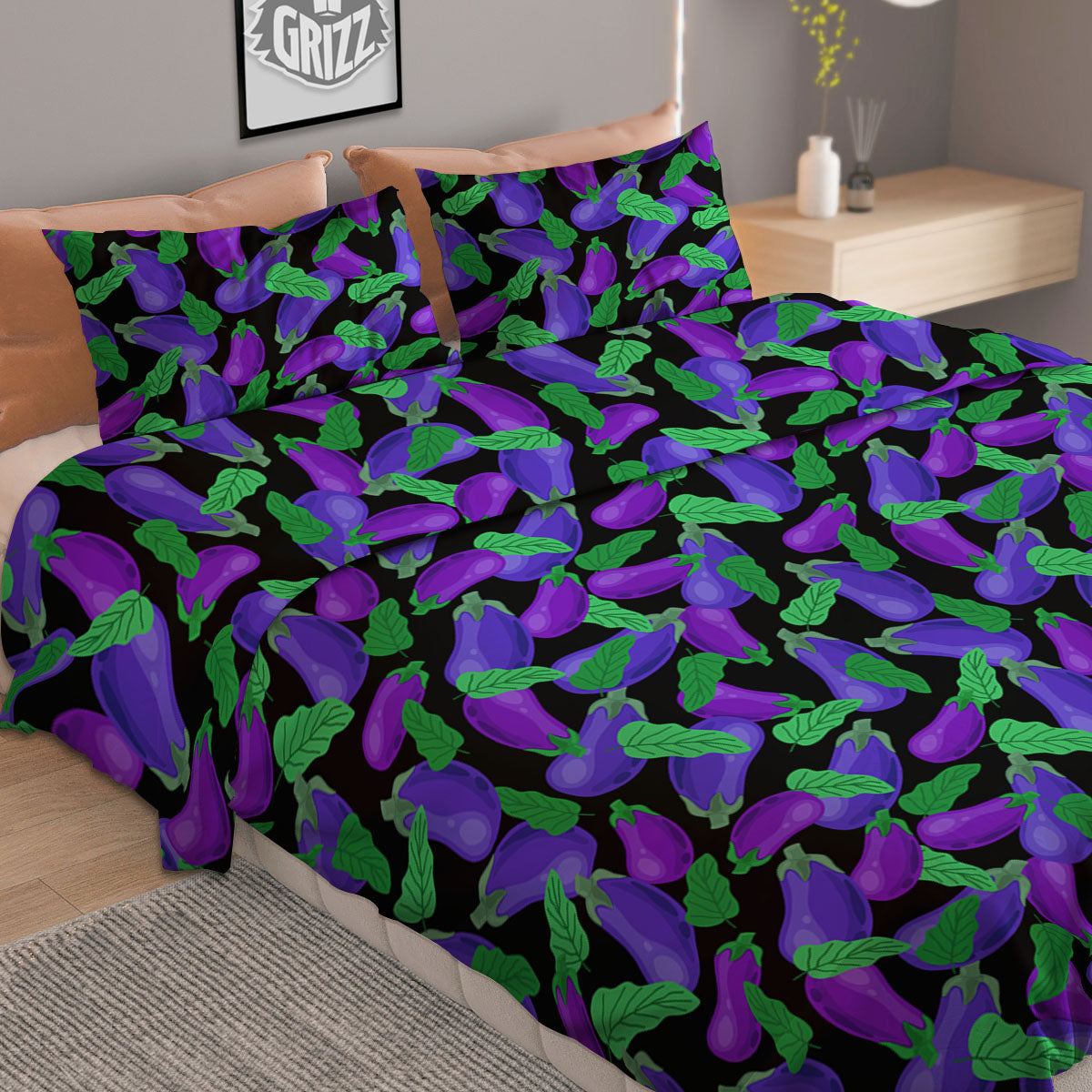 Purple Eggplant Print Pattern Duvet Cover Bedding Set