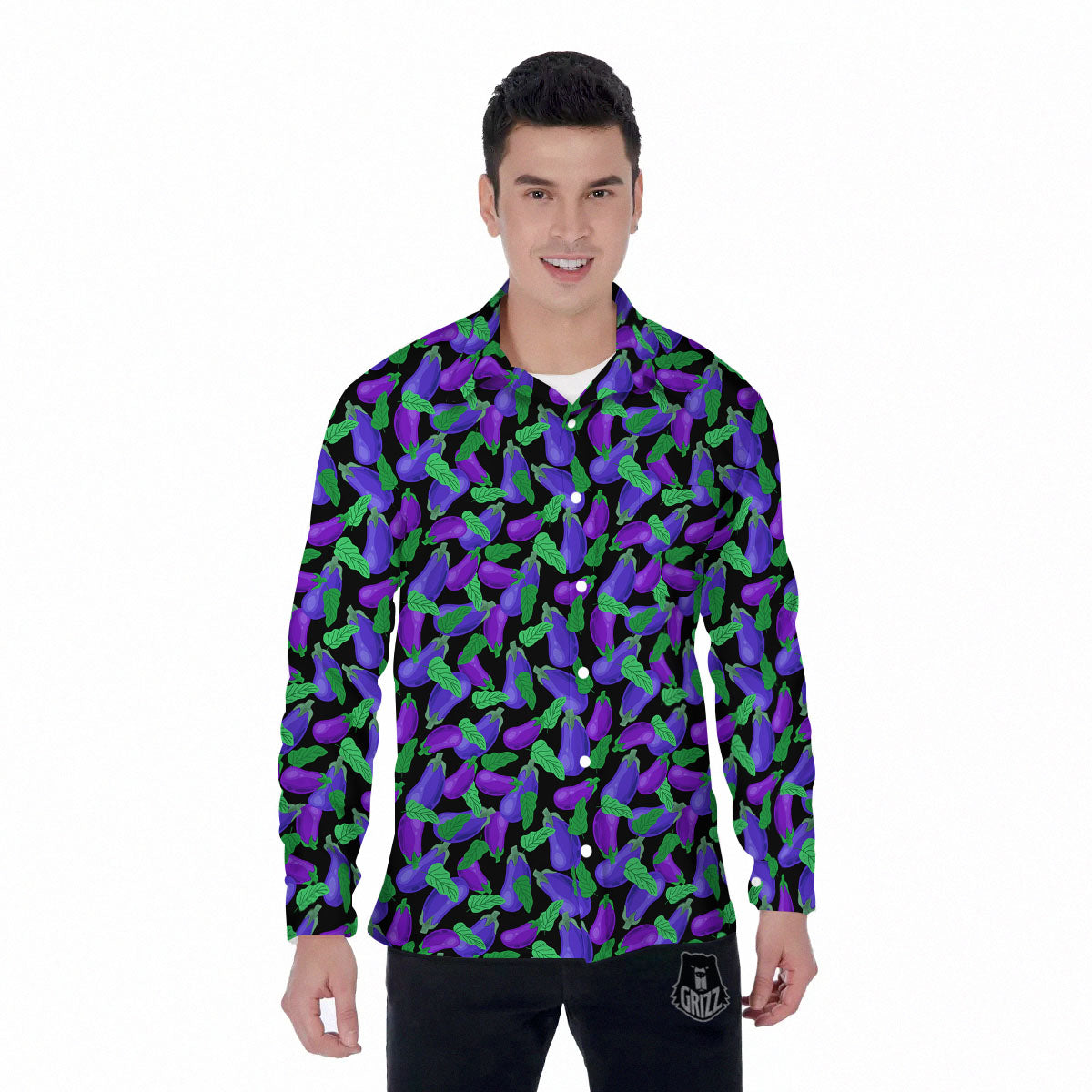 Purple Eggplant Print Pattern Men's Long Sleeve Shirts-grizzshop