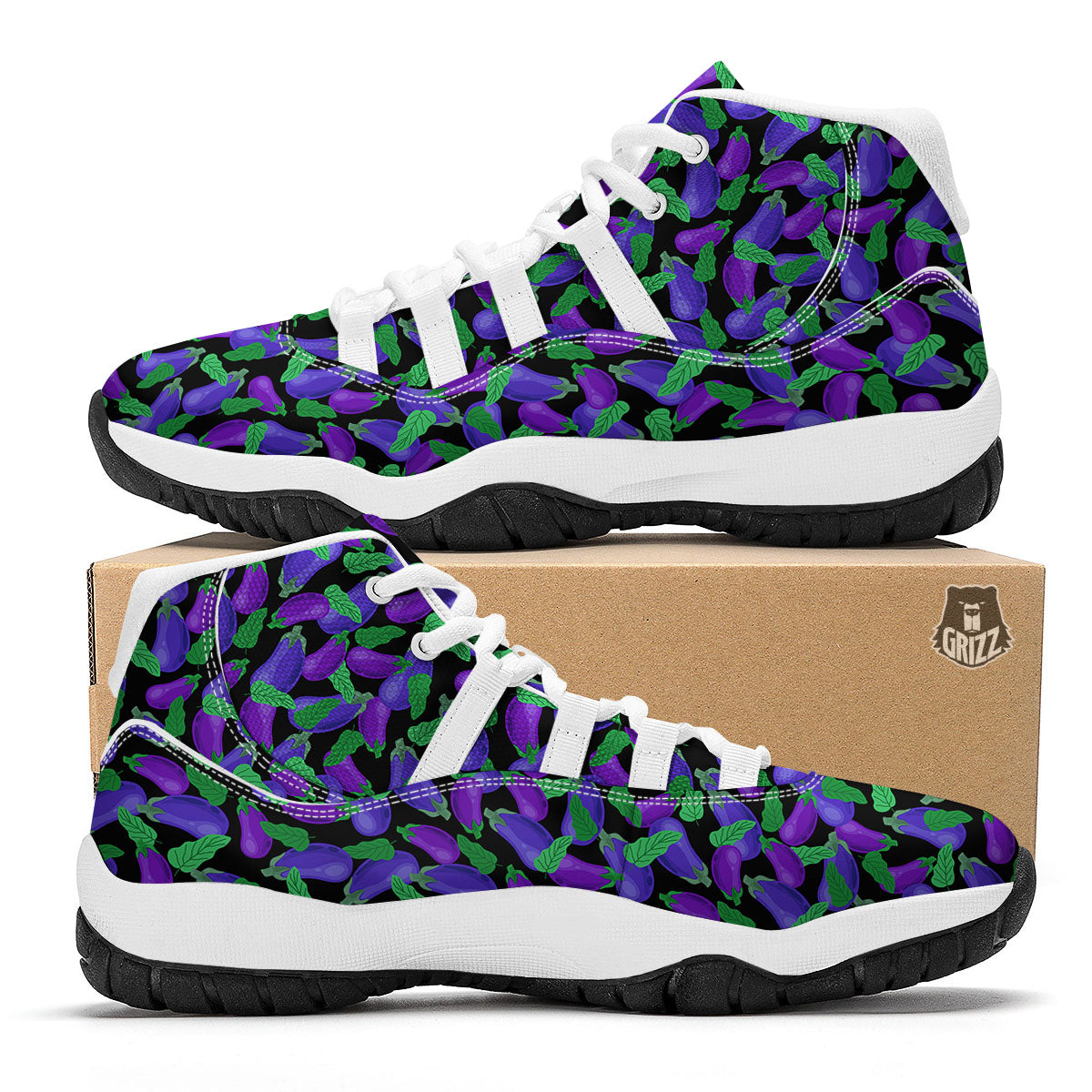 Purple Eggplant Print Pattern White Bball Shoes-grizzshop
