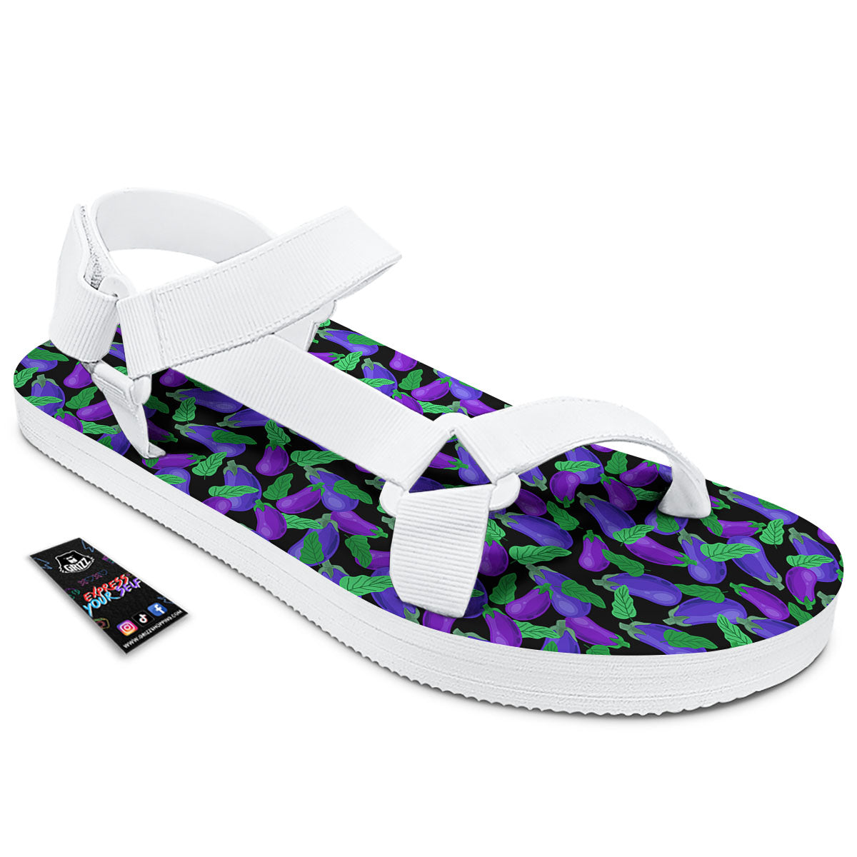 Purple Eggplant Print Pattern White Open Toe Sandals-grizzshop