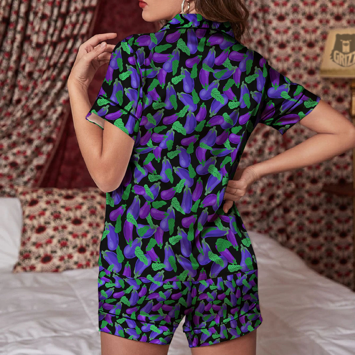 Purple Eggplant Print Pattern Women Silk Pajamas-grizzshop