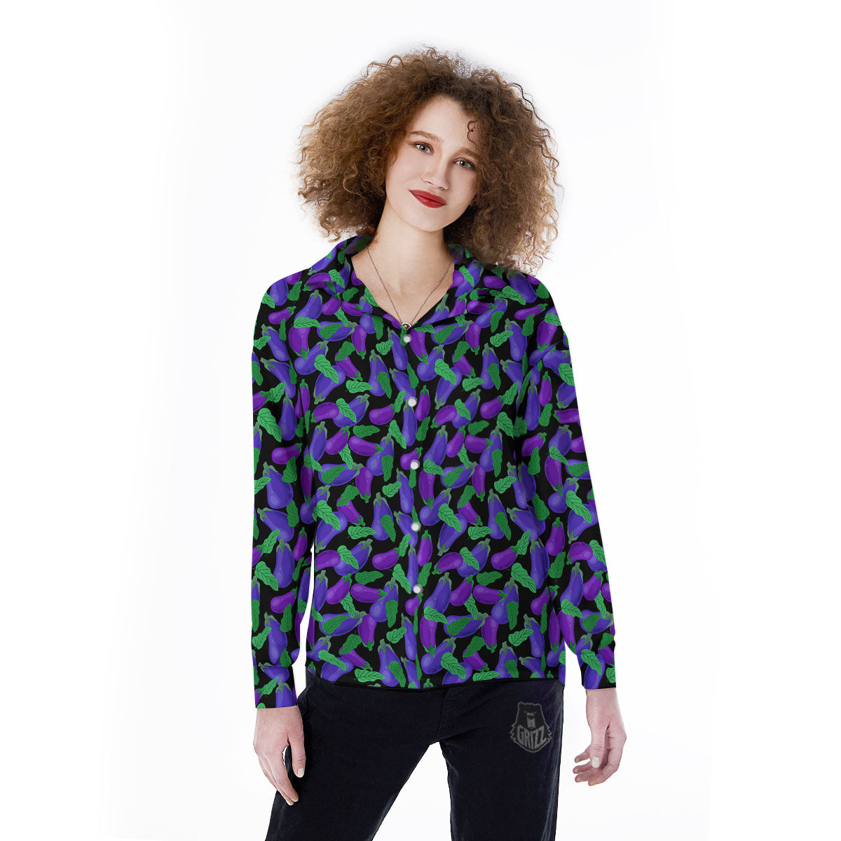 Purple Eggplant Print Pattern Women's Long Sleeve Shirts-grizzshop