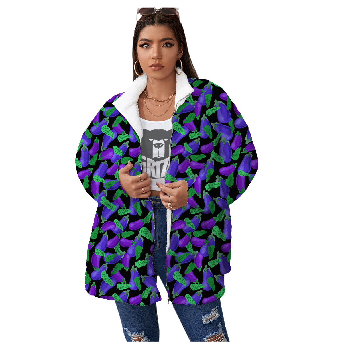Purple Eggplant Print Pattern Women's Sherpa Jacket-grizzshop