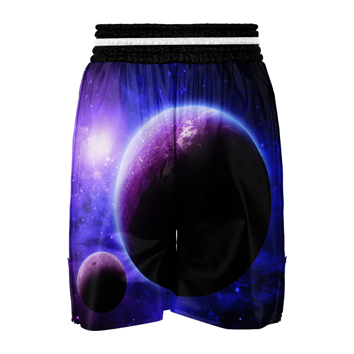 Purple Galaxy Space Moon Earth Print Boxing Shorts-grizzshop