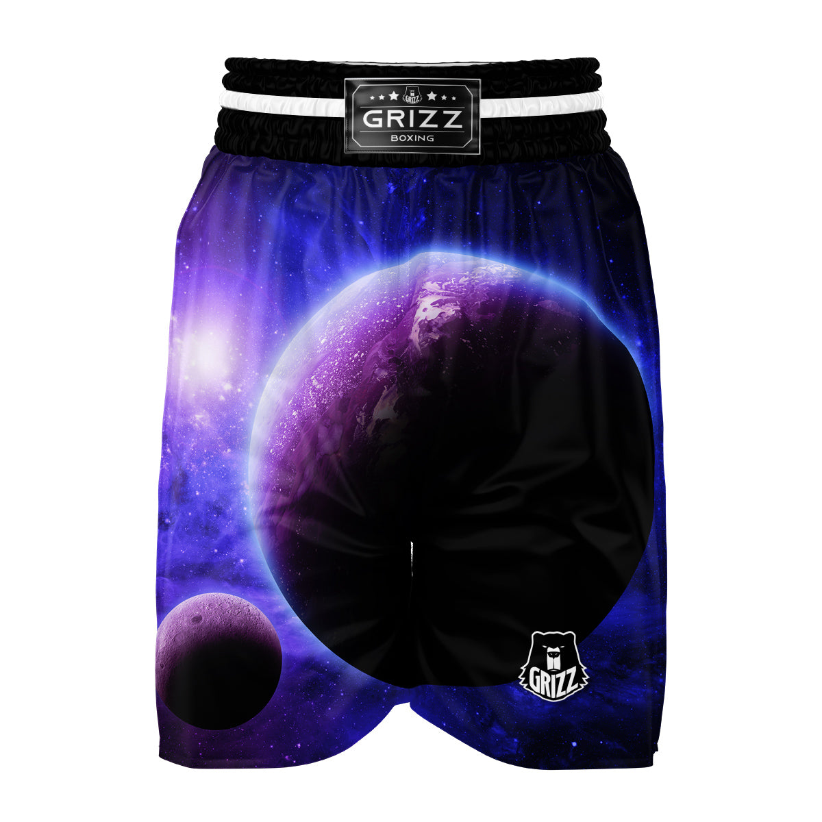 Purple Galaxy Space Moon Earth Print Boxing Shorts-grizzshop