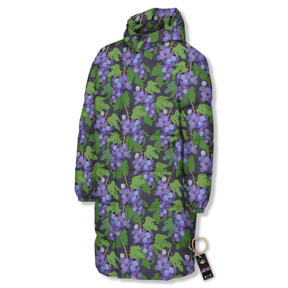Purple Grapes Print Pattern Long Down Jacket-grizzshop