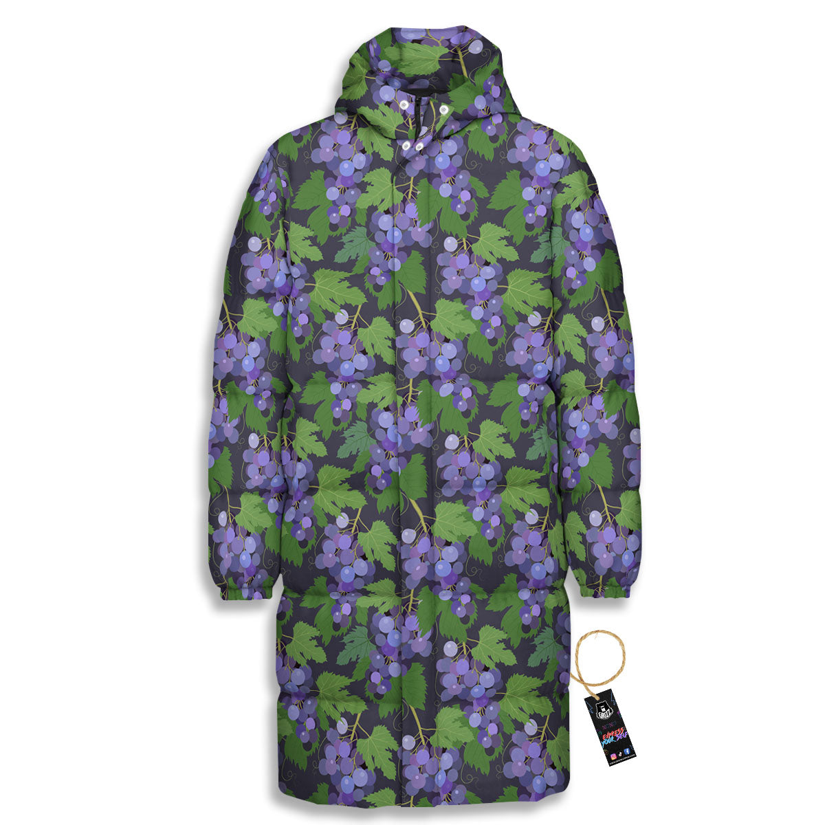 Purple Grapes Print Pattern Long Down Jacket-grizzshop