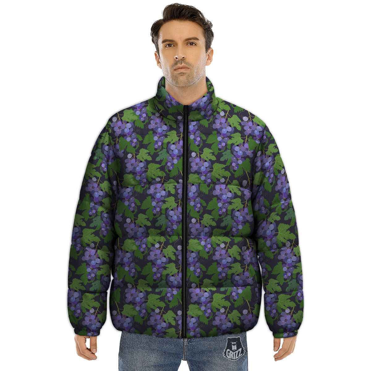 Purple Grapes Print Pattern Puffer Jacket-grizzshop