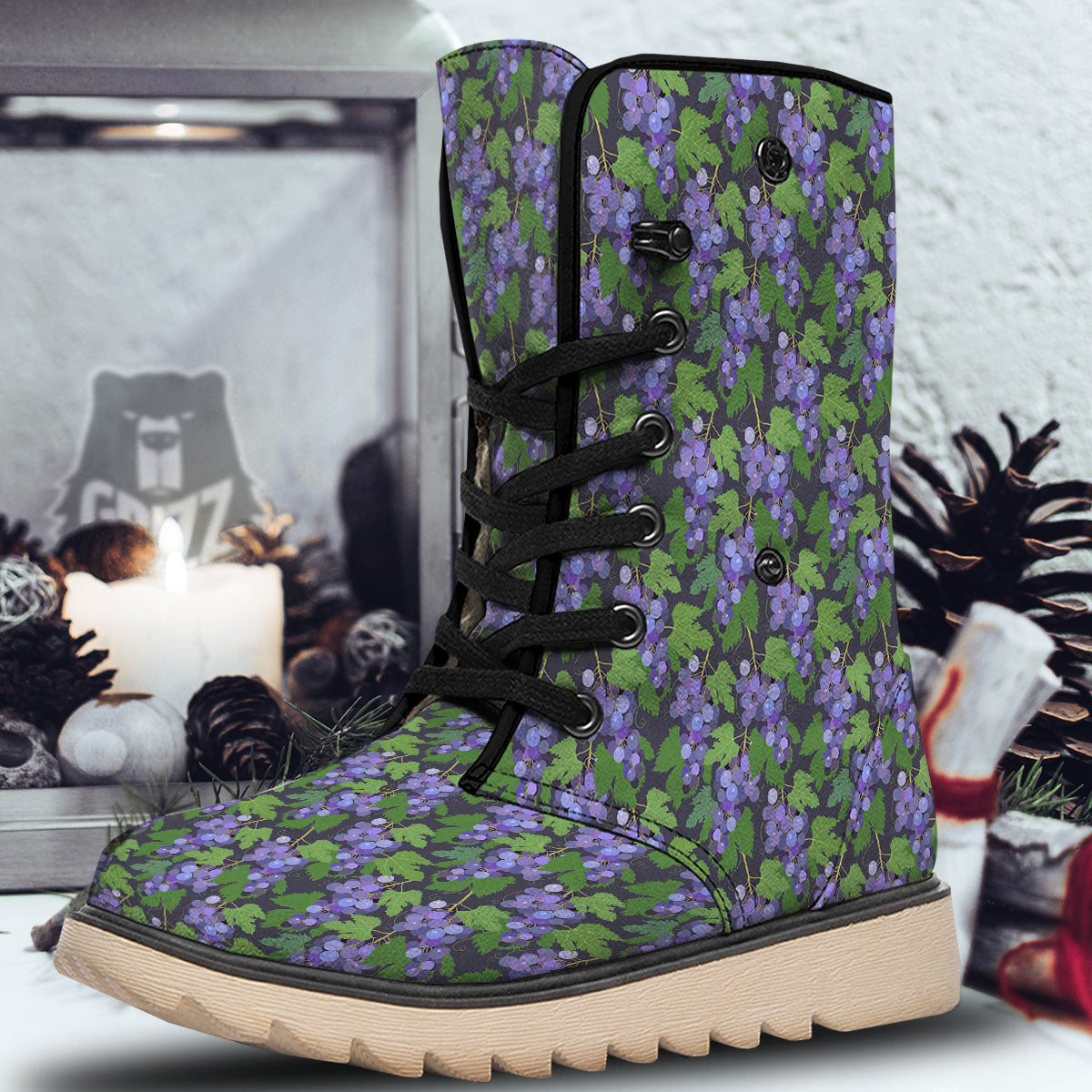 Purple Grapes Print Pattern Snow Boots-grizzshop