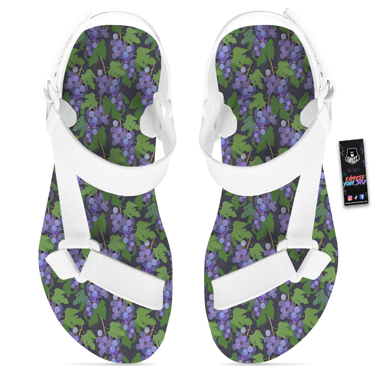 Purple Grapes Print Pattern White Open Toe Sandals-grizzshop