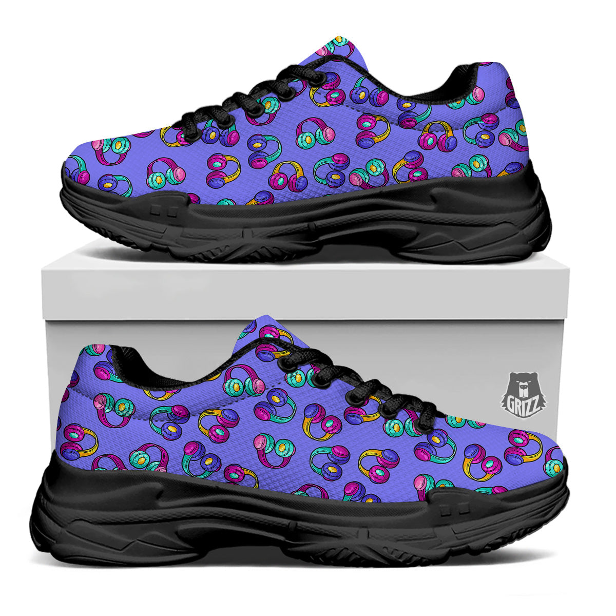 Purple Headphones Print Pattern Black Chunky Shoes-grizzshop