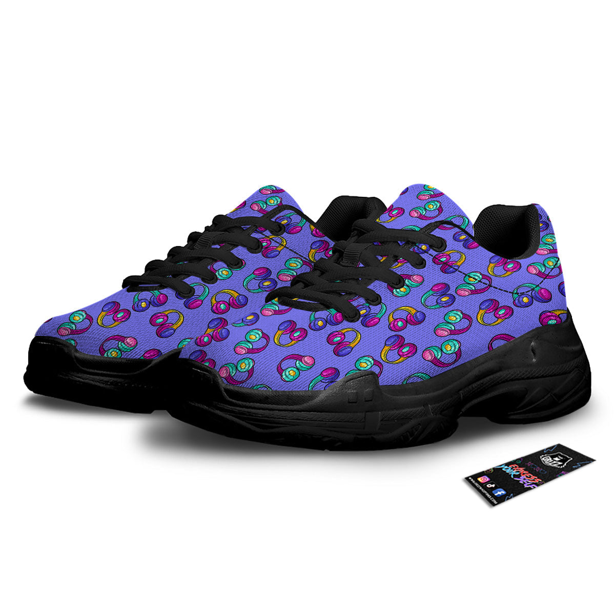 Purple Headphones Print Pattern Black Chunky Shoes-grizzshop