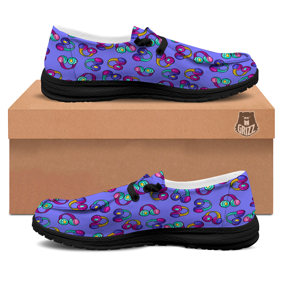 Purple Headphones Print Pattern Black Loafers-grizzshop