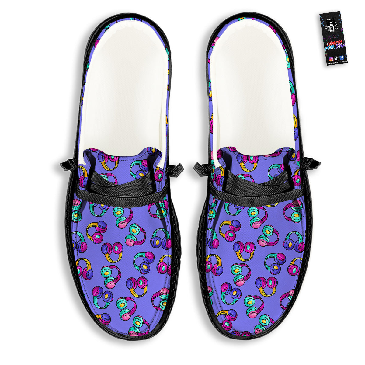 Purple Headphones Print Pattern Black Loafers-grizzshop