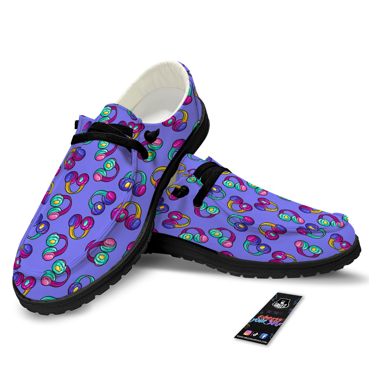 Purple Headphones Print Pattern Black Loafers-grizzshop