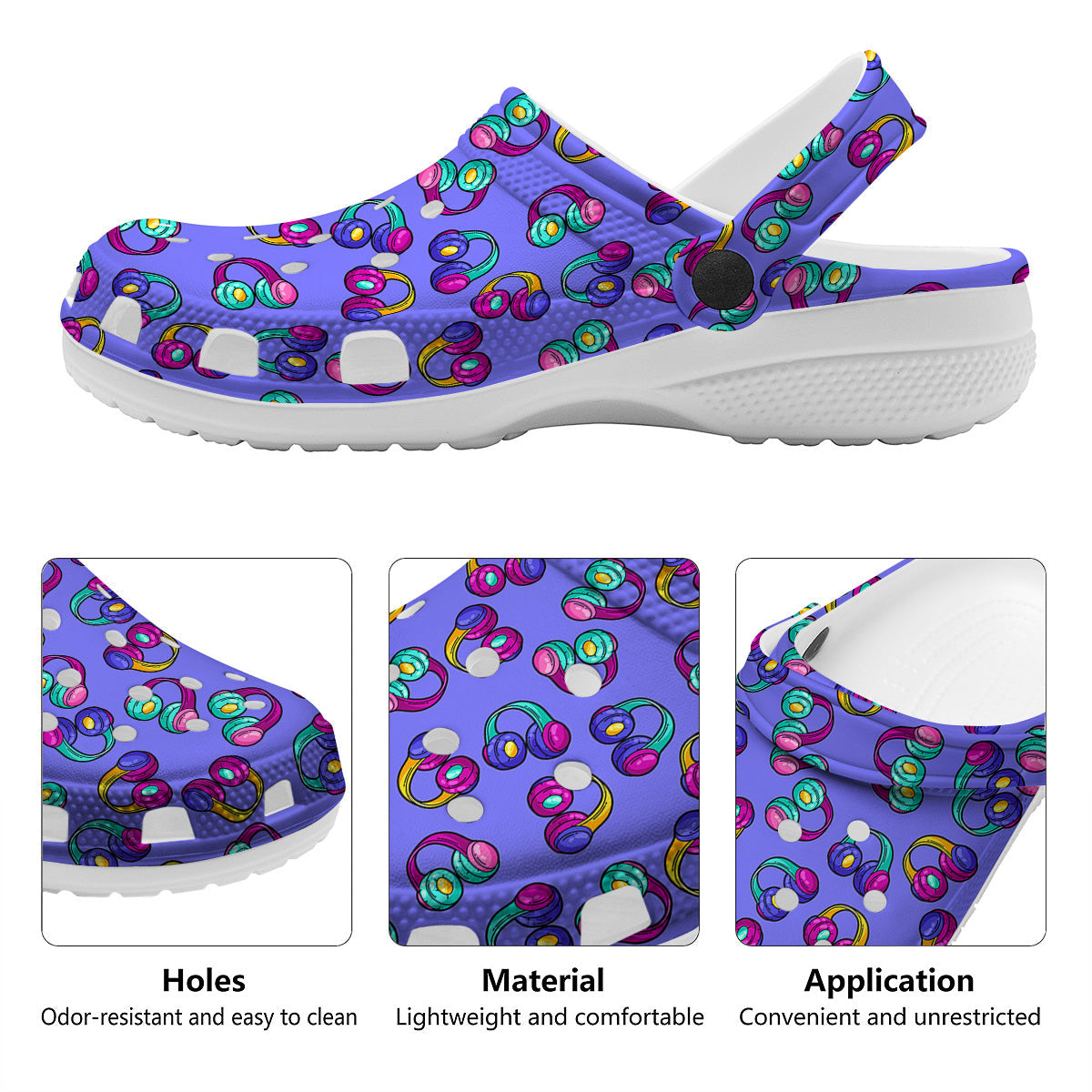 Purple Headphones Print Pattern Clog-grizzshop