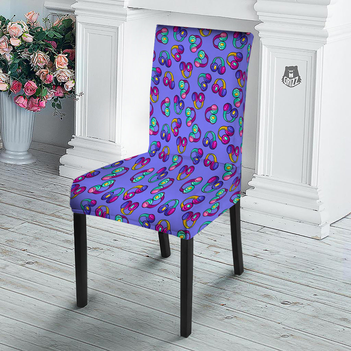 Purple Headphones Print Pattern Dining Chair Slipcover-grizzshop