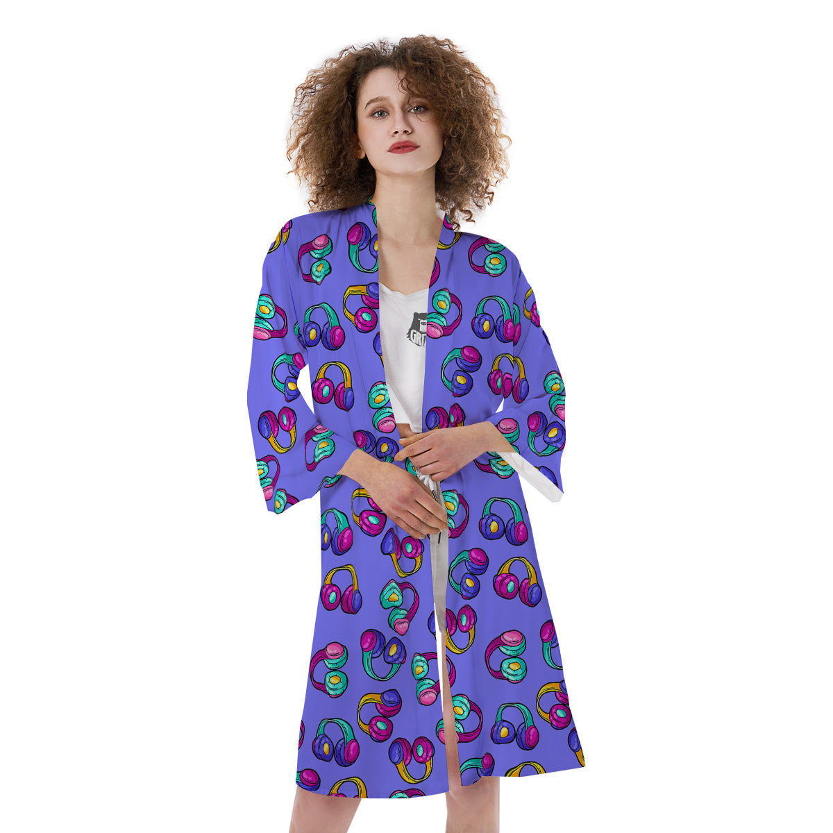 Purple Headphones Print Pattern Kimono-grizzshop