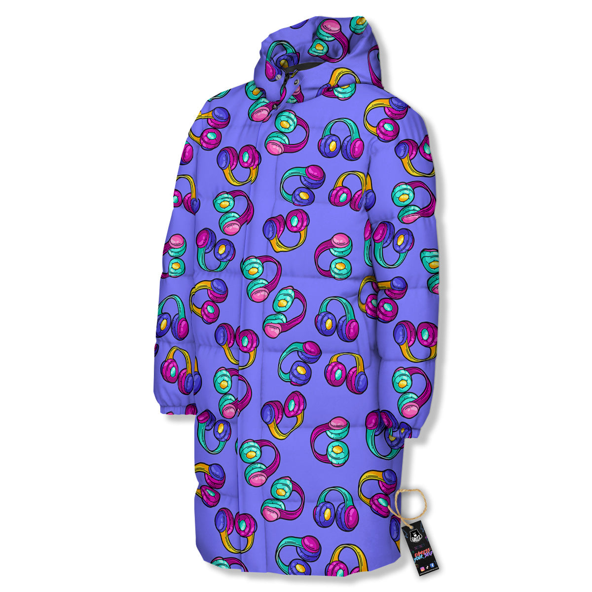 Purple Headphones Print Pattern Long Down Jacket-grizzshop