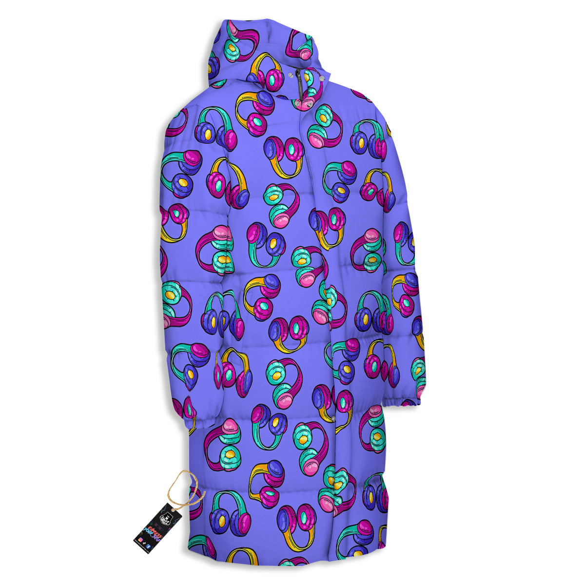 Purple Headphones Print Pattern Long Down Jacket-grizzshop