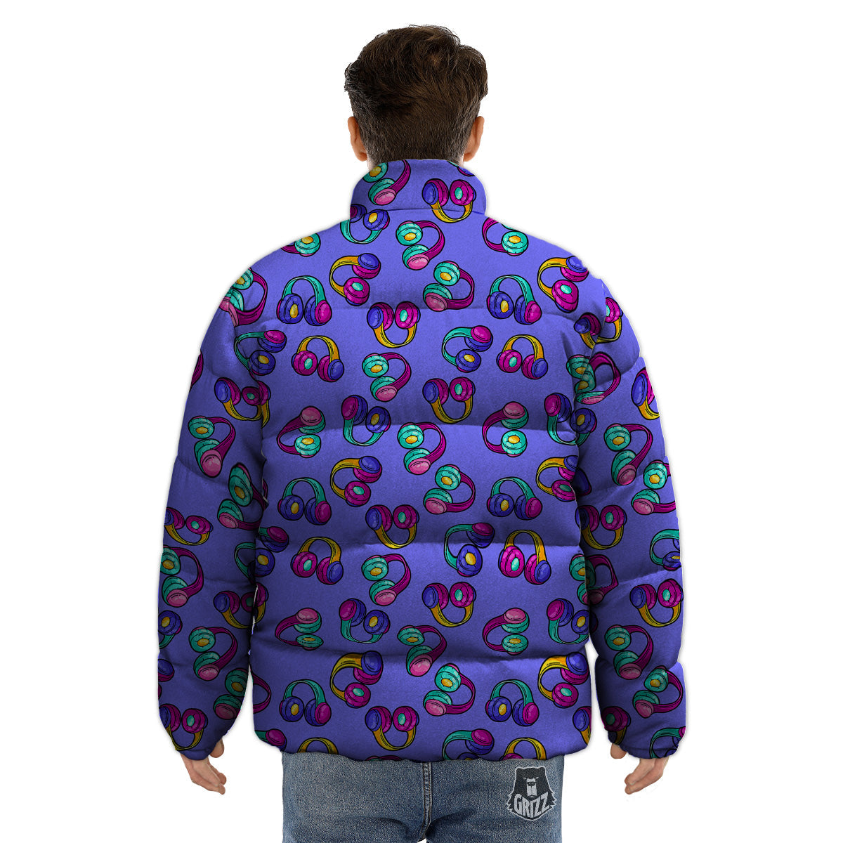 Purple Headphones Print Pattern Puffer Jacket-grizzshop