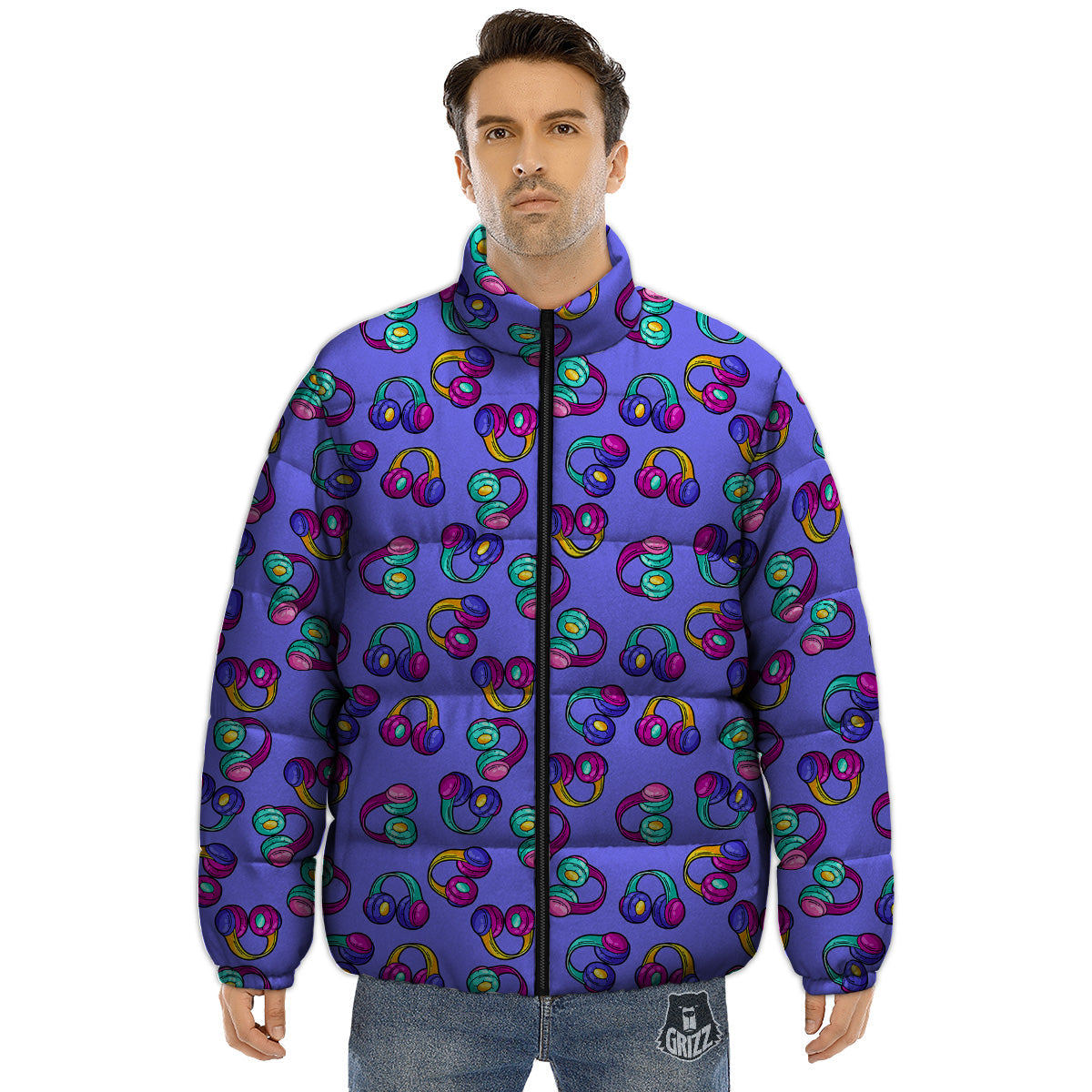 Purple Headphones Print Pattern Puffer Jacket-grizzshop