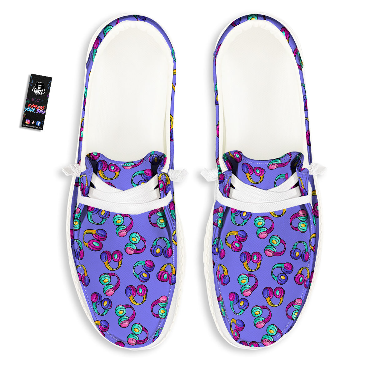 Purple Headphones Print Pattern White Loafers-grizzshop
