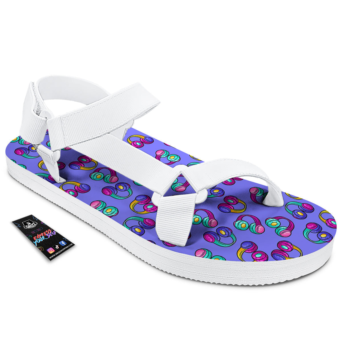 Purple Headphones Print Pattern White Open Toe Sandals-grizzshop