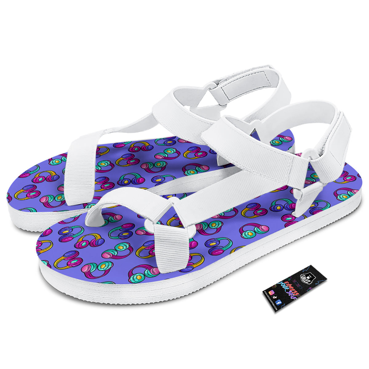 Purple Headphones Print Pattern White Open Toe Sandals-grizzshop