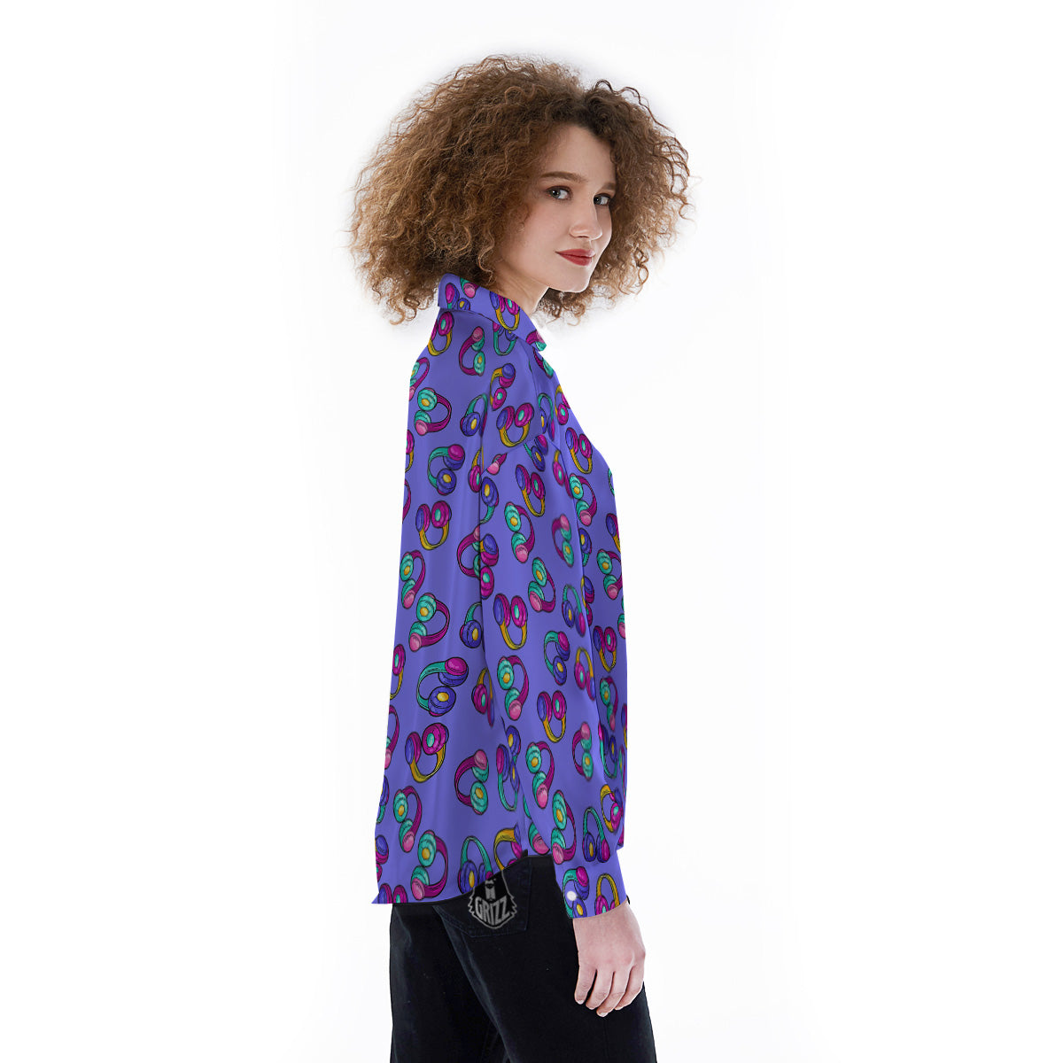 Purple Headphones Print Pattern Women's Long Sleeve Shirts-grizzshop