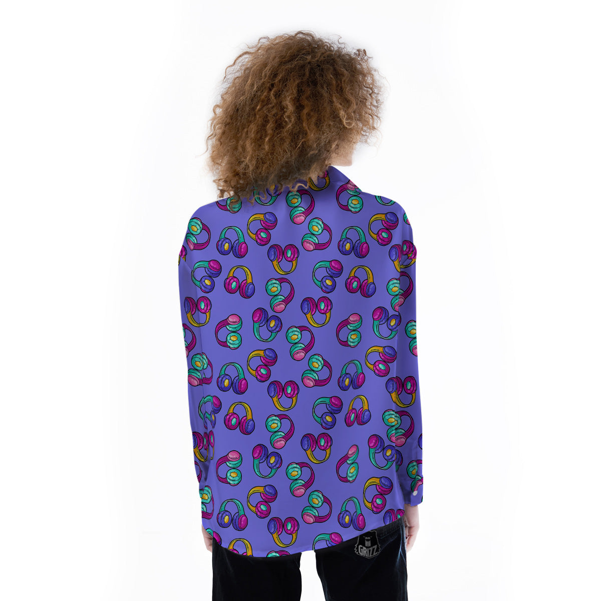 Purple Headphones Print Pattern Women's Long Sleeve Shirts-grizzshop