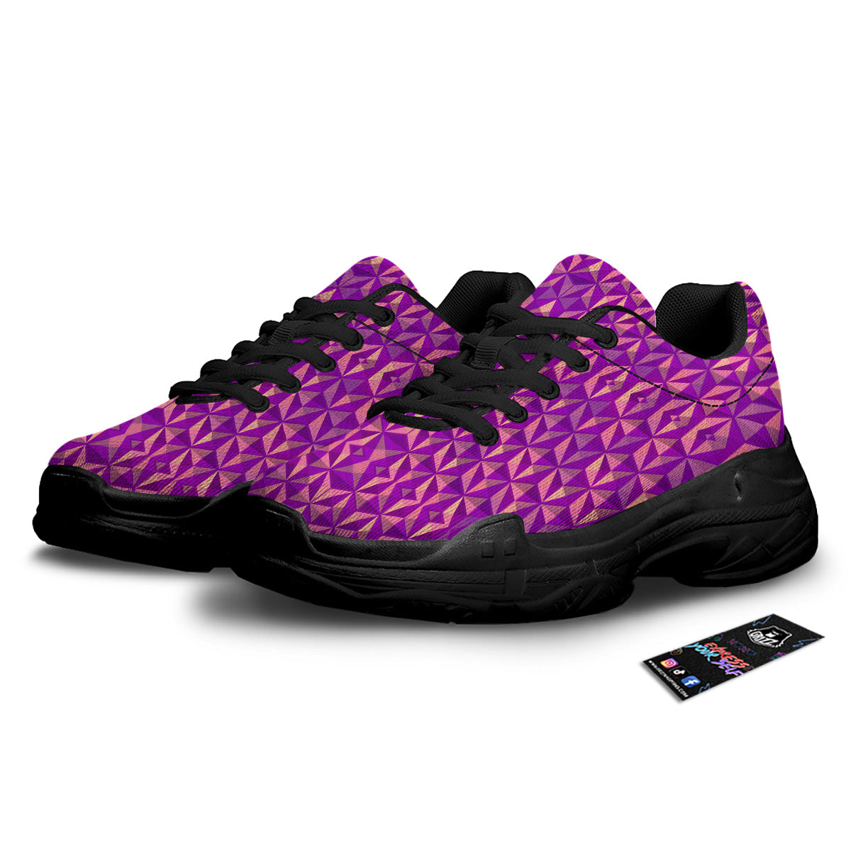 Purple Hexagonal Shape Print Pattern Black Chunky Shoes-grizzshop
