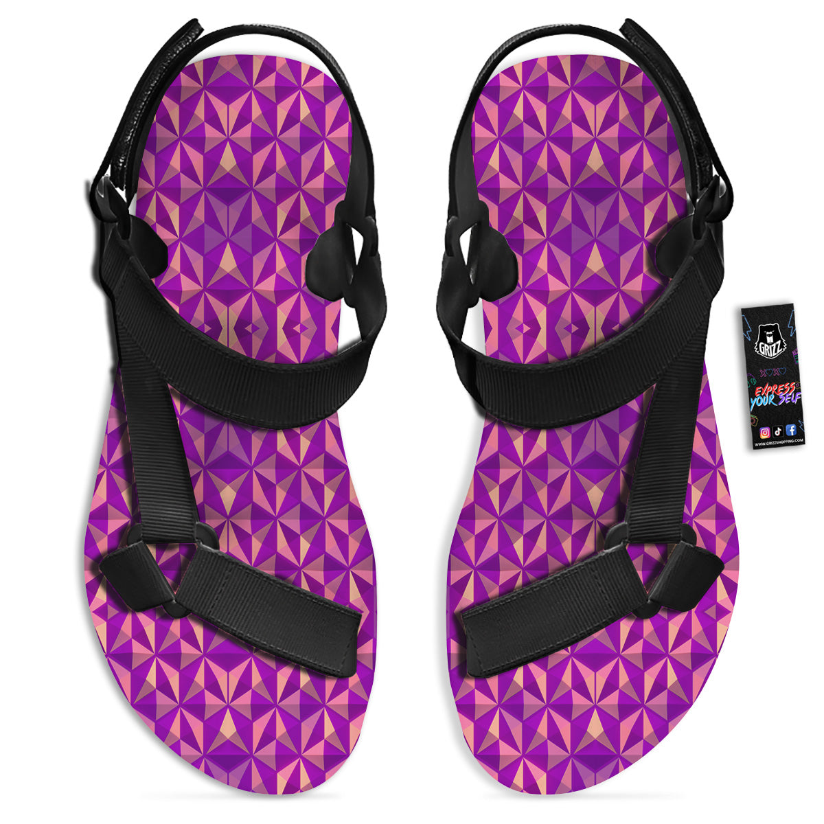 Purple Hexagonal Shape Print Pattern Black Open Toe Sandals-grizzshop