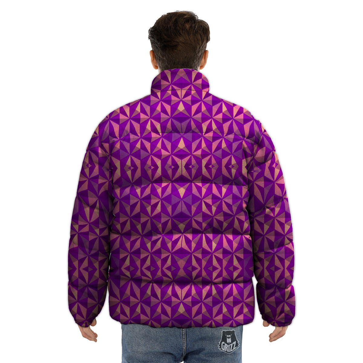Purple Hexagonal Shape Print Pattern Puffer Jacket-grizzshop