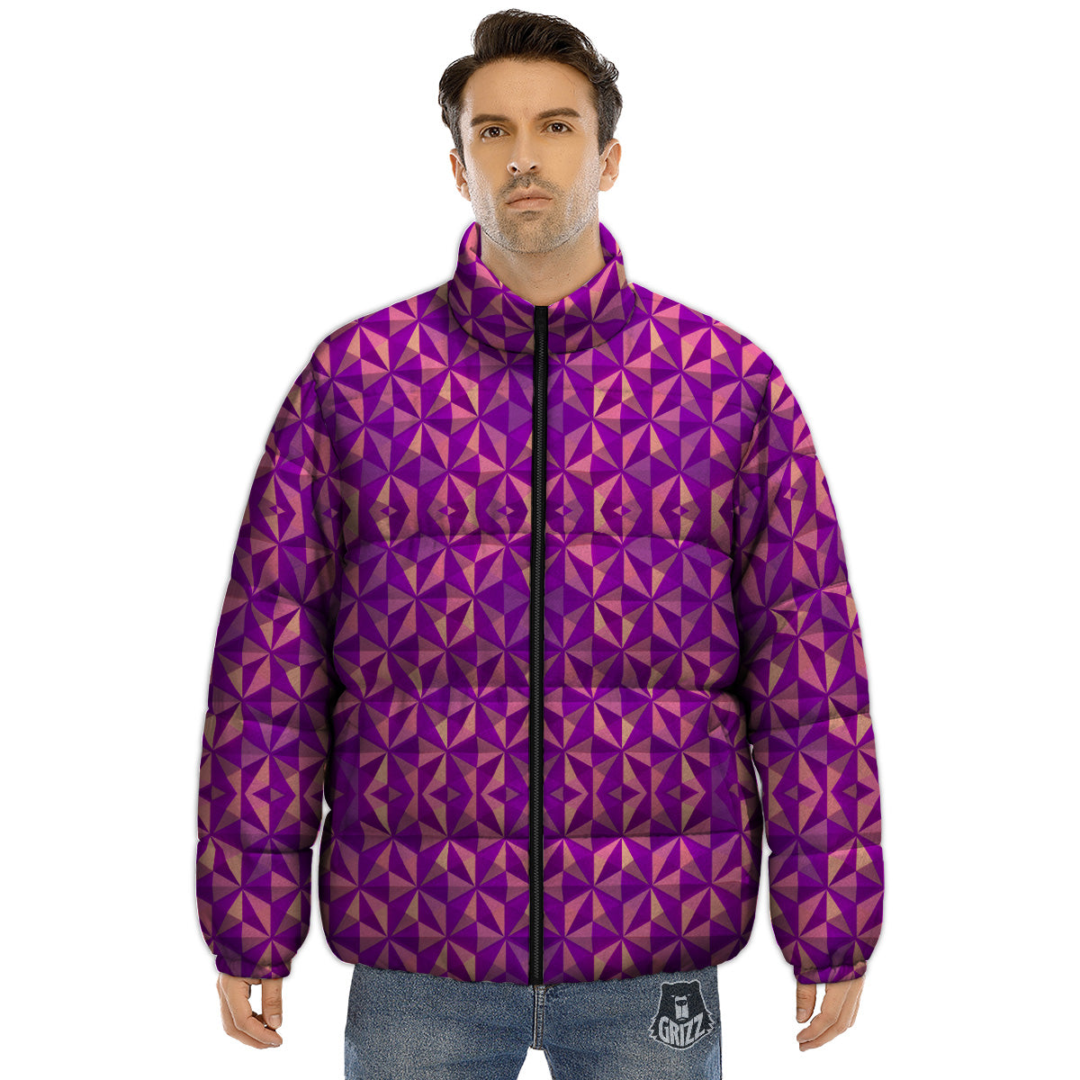 Purple Hexagonal Shape Print Pattern Puffer Jacket-grizzshop
