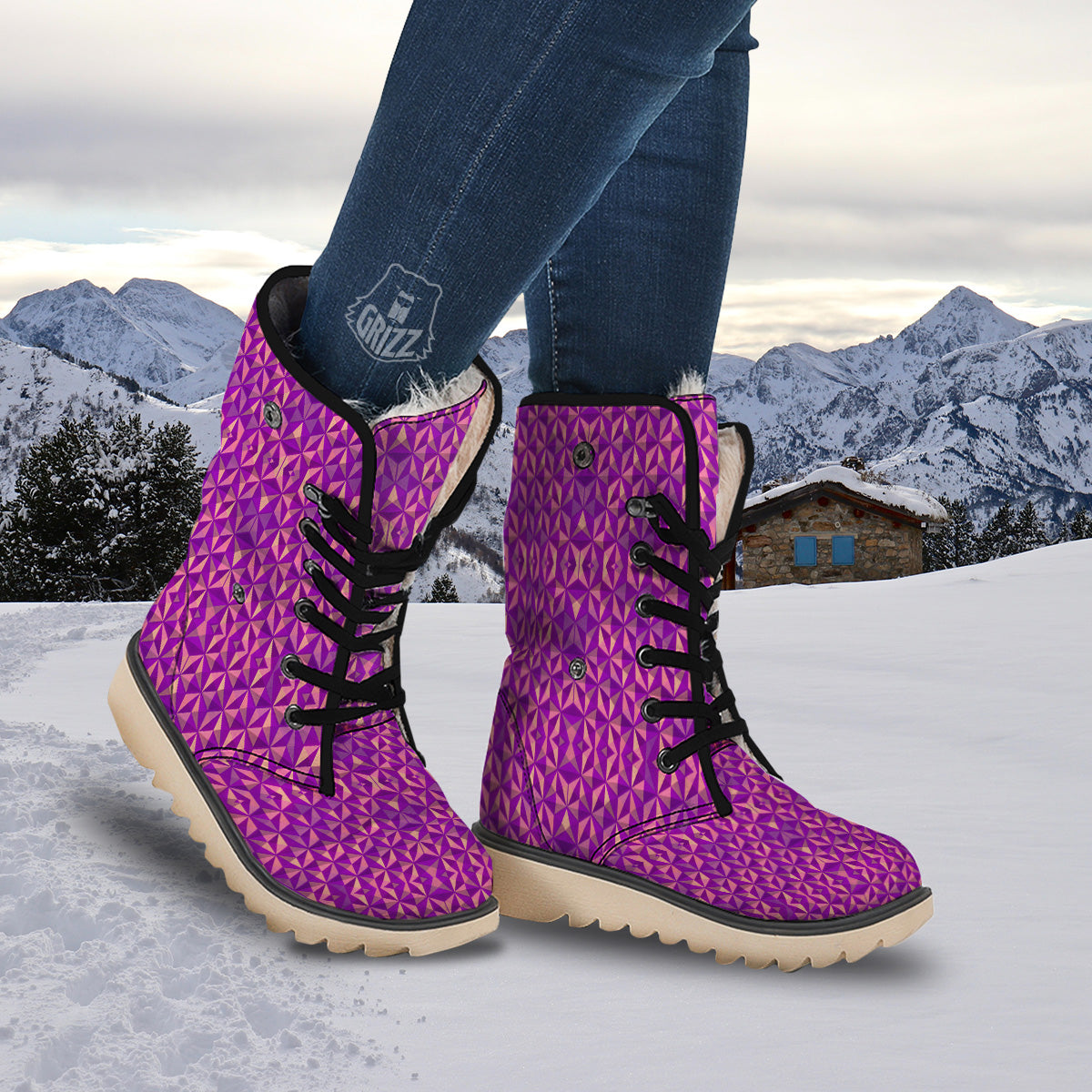 Purple Hexagonal Shape Print Pattern Snow Boots-grizzshop