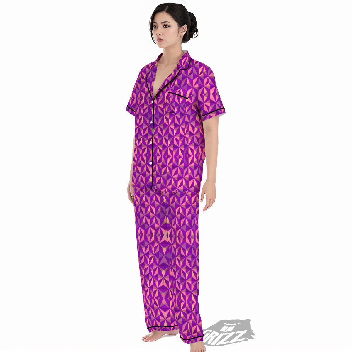 Purple Hexagonal Shape Print Pattern Women's Pajamas Set-grizzshop