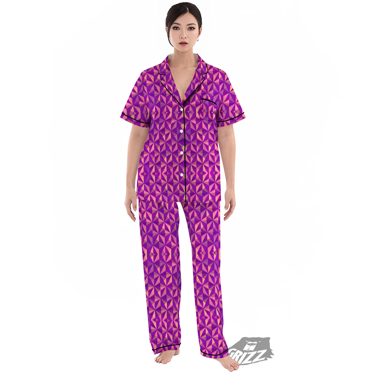 Purple Hexagonal Shape Print Pattern Women's Pajamas Set-grizzshop