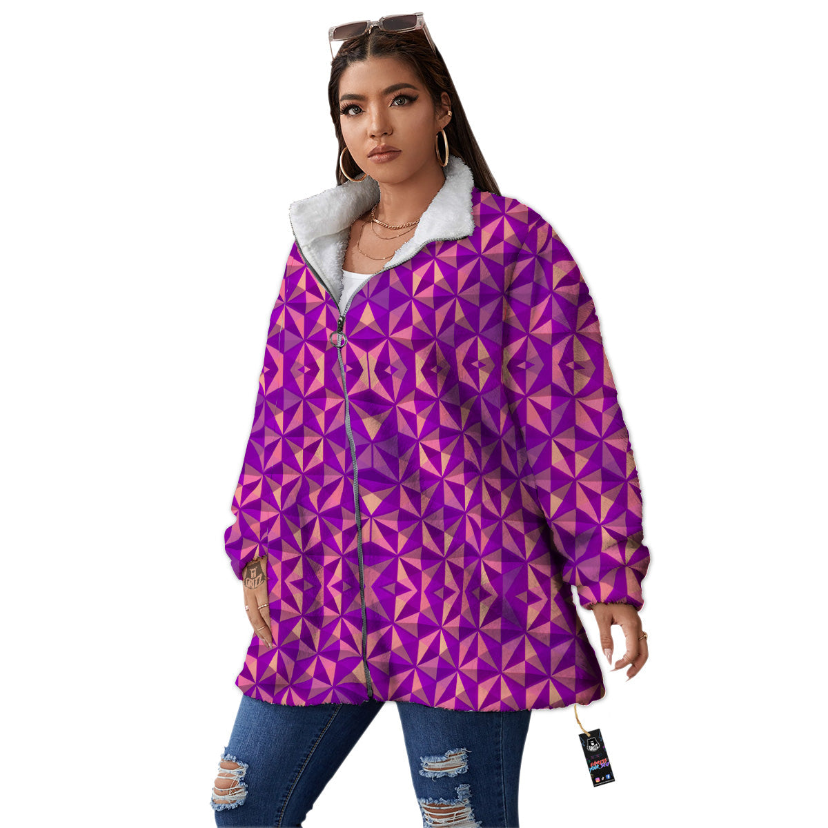 Purple Hexagonal Shape Print Pattern Women's Sherpa Jacket-grizzshop