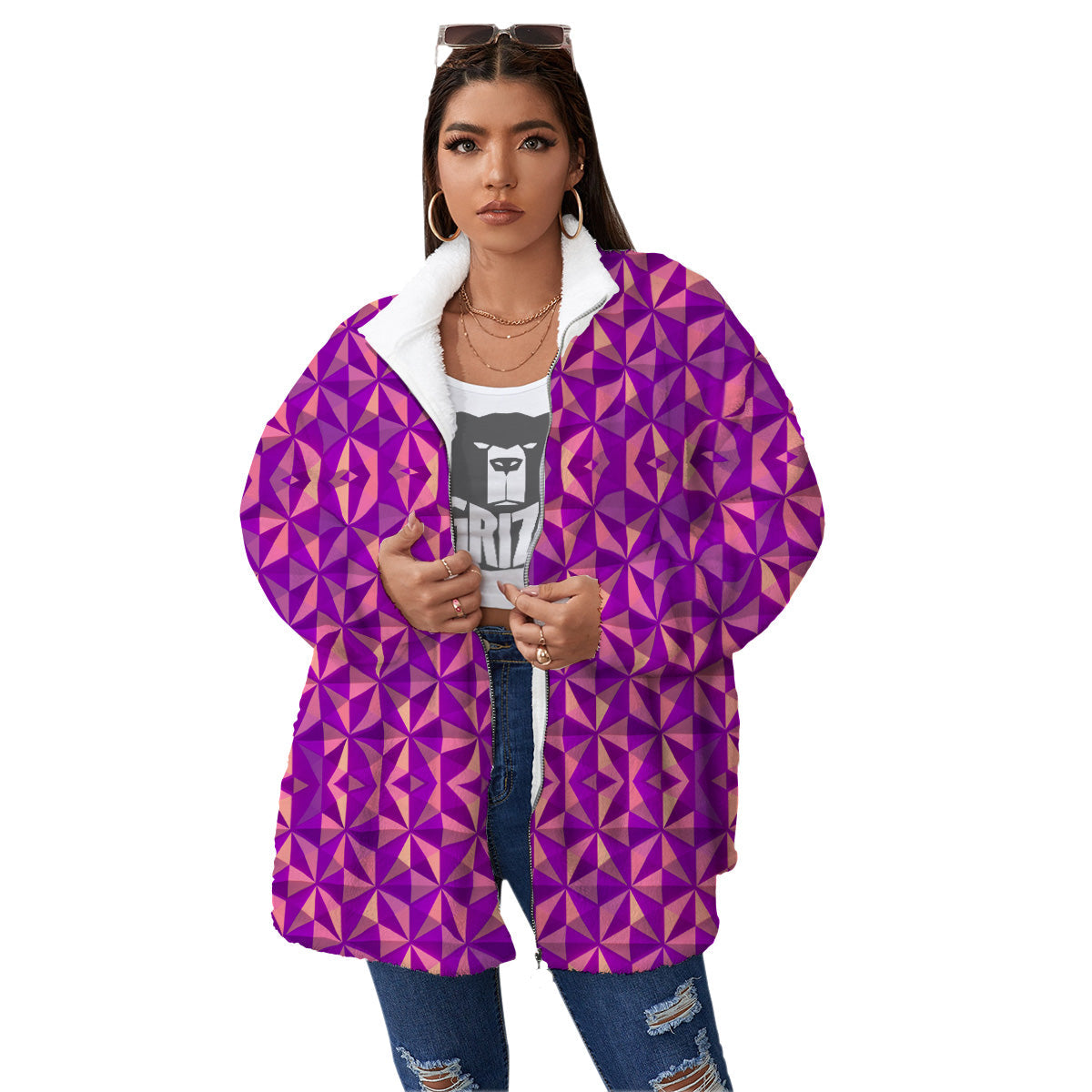 Purple Hexagonal Shape Print Pattern Women's Sherpa Jacket-grizzshop