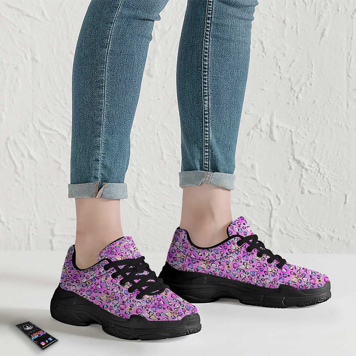 Purple Leopard Heart Colorful Print Pattern Black Chunky Shoes-grizzshop