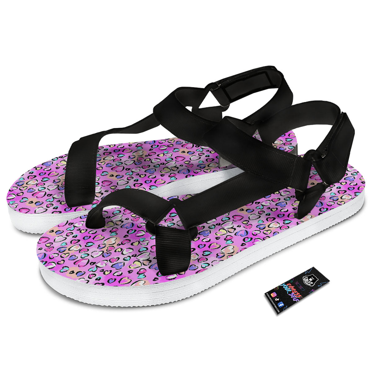 Purple Leopard Heart Colorful Print Pattern Black Open Toe Sandals-grizzshop