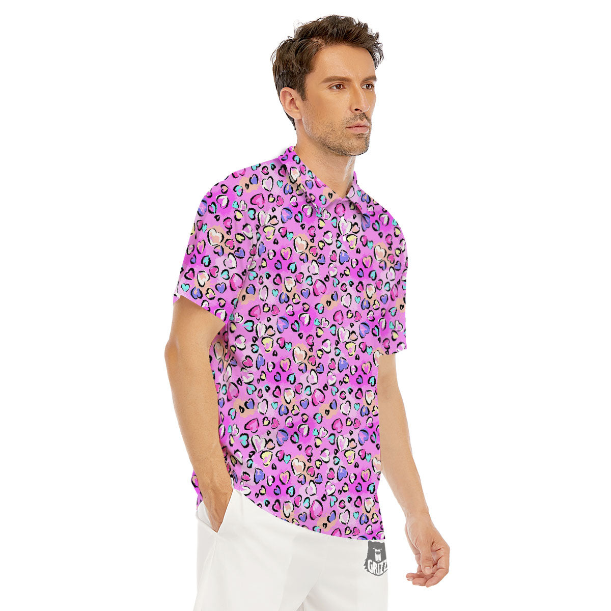 Purple Leopard Heart Colorful Print Pattern Men's Golf Shirts-grizzshop