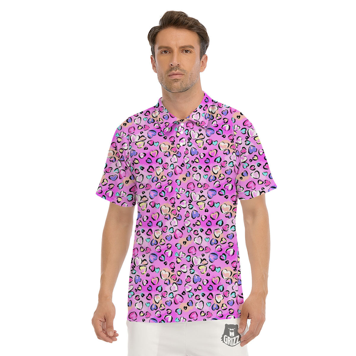 Purple Leopard Heart Colorful Print Pattern Men's Golf Shirts-grizzshop