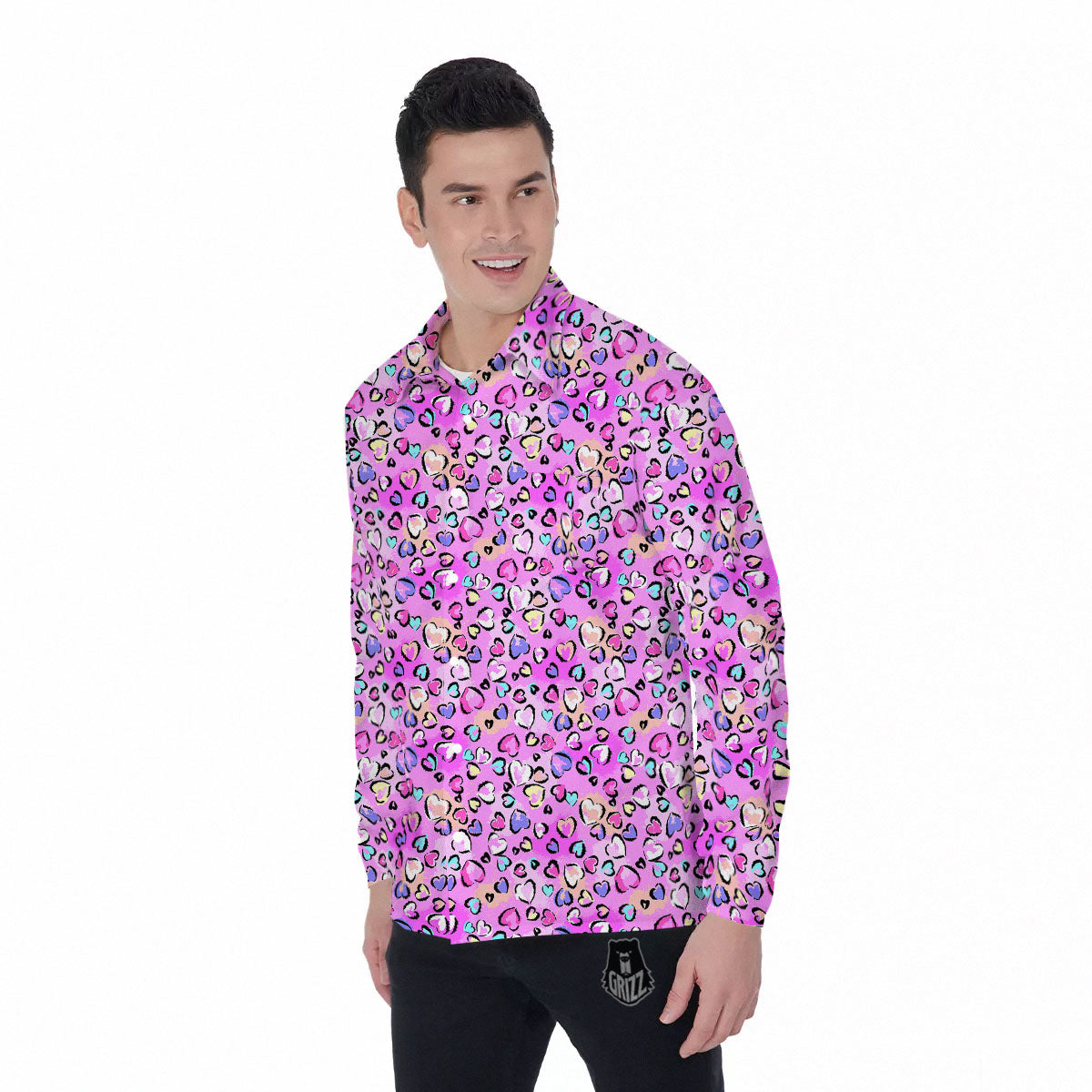 Purple Leopard Heart Colorful Print Pattern Men's Long Sleeve Shirts-grizzshop