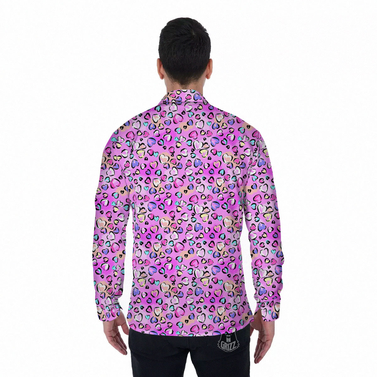 Purple Leopard Heart Colorful Print Pattern Men's Long Sleeve Shirts-grizzshop