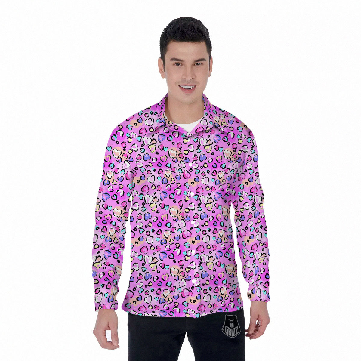 Purple Leopard Heart Colorful Print Pattern Men's Long Sleeve Shirts-grizzshop