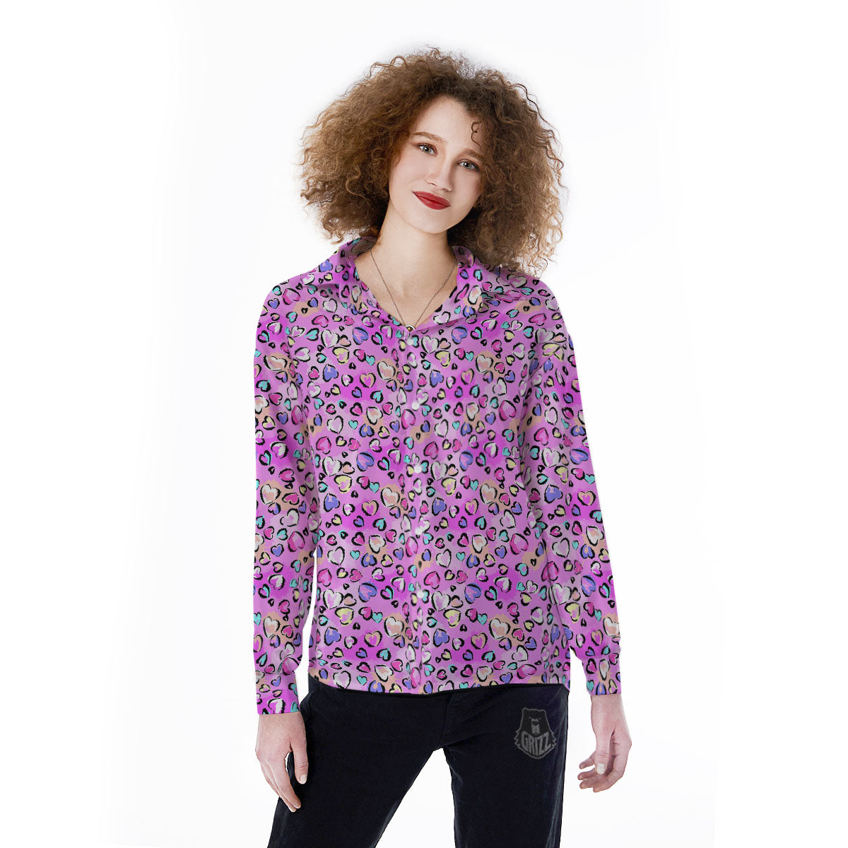 Purple Leopard Heart Colorful Print Pattern Women's Long Sleeve Shirts-grizzshop